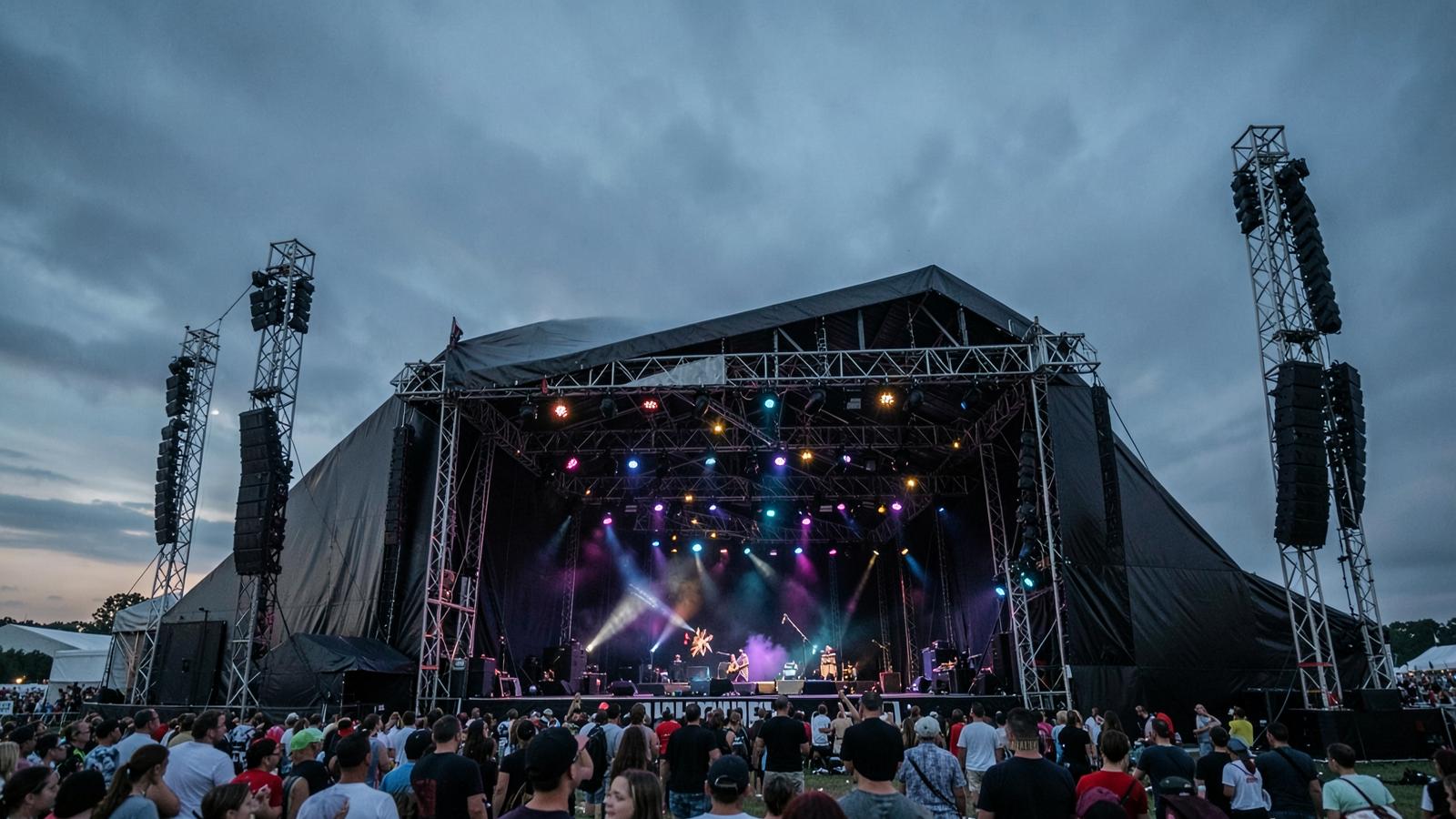 Stór eventscena við PA-anleggi og ljósariggi